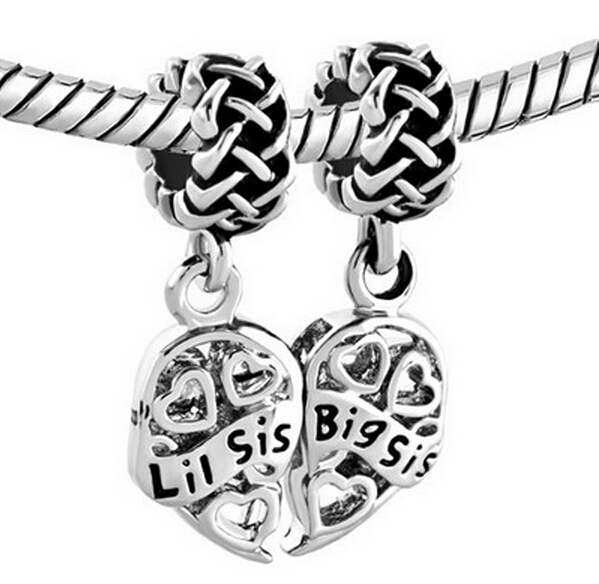 

Plating Filigree heart big sister and little sister Dangle set Charm fit Pandora Chamilia Biagi bracelet, Black