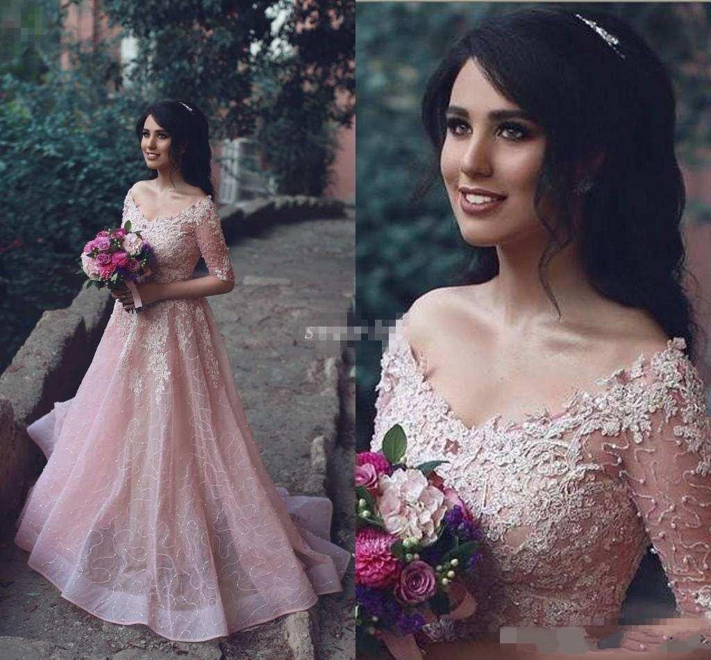 

2017 New Sexy Arabic Prom Dresses Off Shoulder Lace Appliques Pearl Beaded Tulle Pink Half Sleeves Long Formal Party Dress Evening Gowns, Red