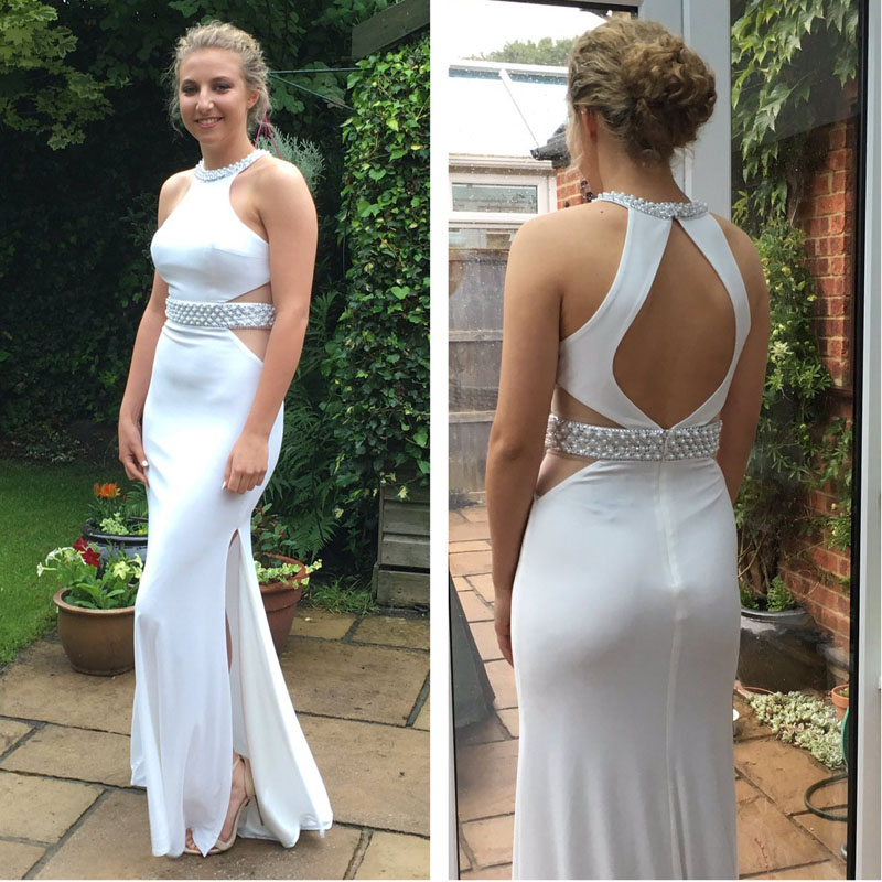 

Halter White Long Evening Dresses Pearls Elegant Spandex Formal Dresses Leg Slit Open Back Evening Gowns Girls Graduation Dresses, Yellow