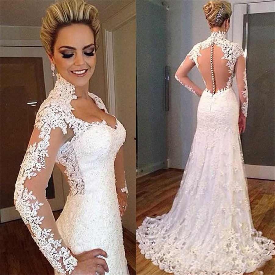 

Sexy Illusion Back V Neckline Bridal Gowns Fishtail Long Sleeve Lace Mermaid Wedding Dresses Vestido De Novia, Silver