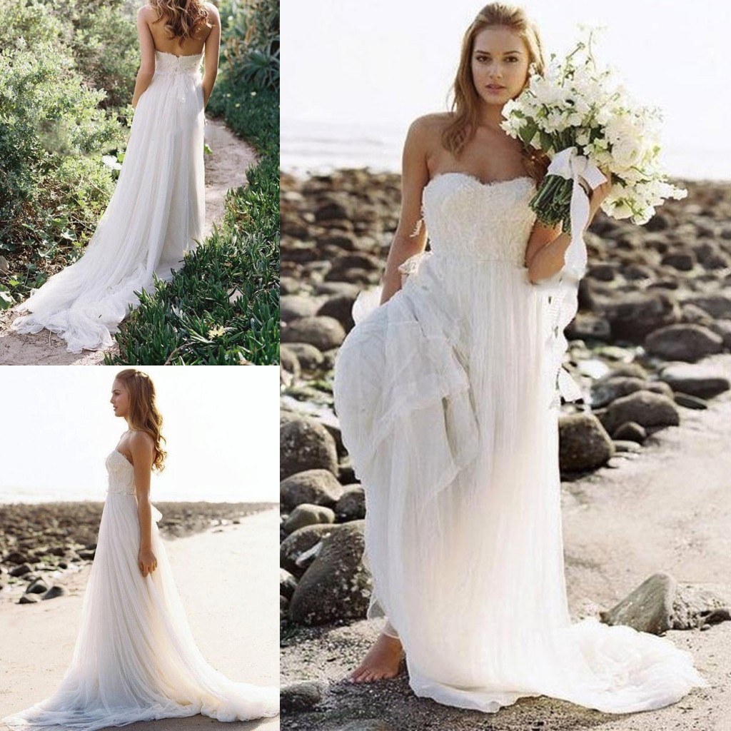 

2016 Boho Beach Wedding Dresses A Line Vestidos de Novia Sweetheart Custom Made Following Tulle Lace Summer Bridal Gowns, Ivory
