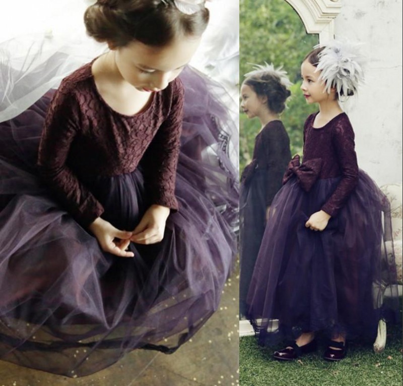 

Burgundy Lace And Tulle Flower Girl Dresses For Wedding Long Sleeve Ball Gown Bowknot Girls Pageant Gowns Baby Communion Gowns Cheap, Orange