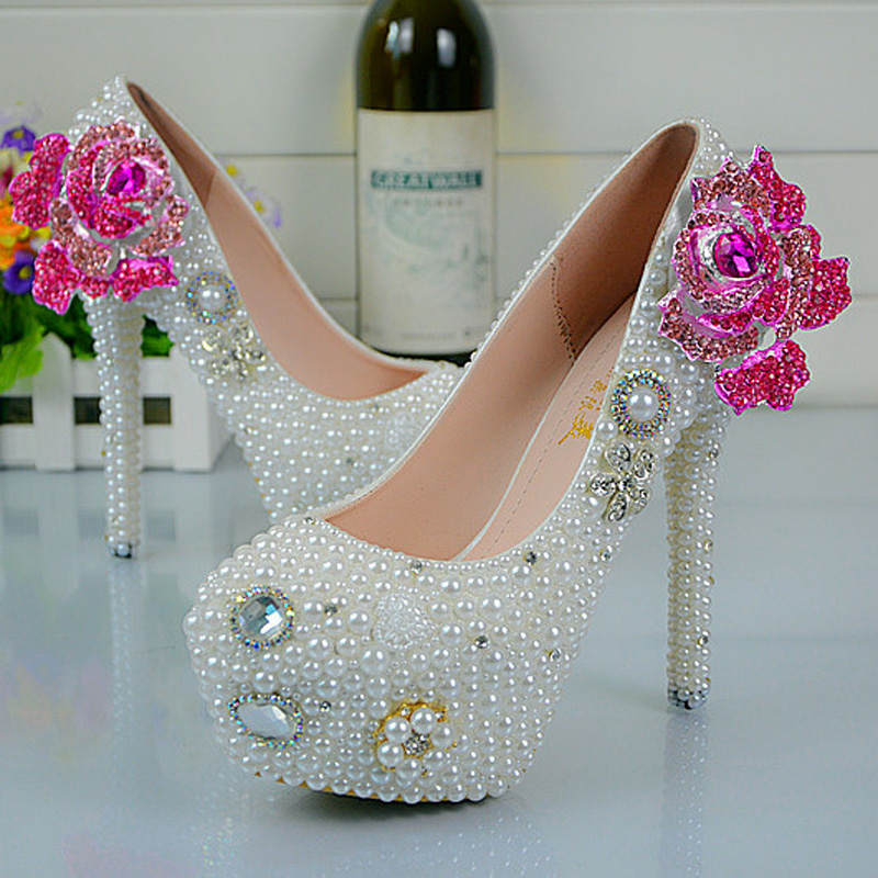 

Handmade Soulmate Pattern White Pearl Wedding Shoes Rose Flower Style Rhinestone Women Pumps Bridesmaid shoes Size 34-45