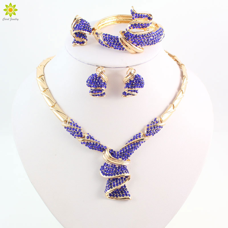 

Fashion High Quality Nigerian Wedding African Beads Jewelry Sets Blue Crystal Dubai Gold Plated Big Jewelry Sets Costume