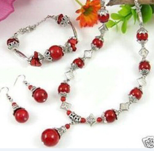 

New Fine fashion Jewelry set tibet silver Red Coral Necklace Bracelet Earring pearl jade, Mixed colors