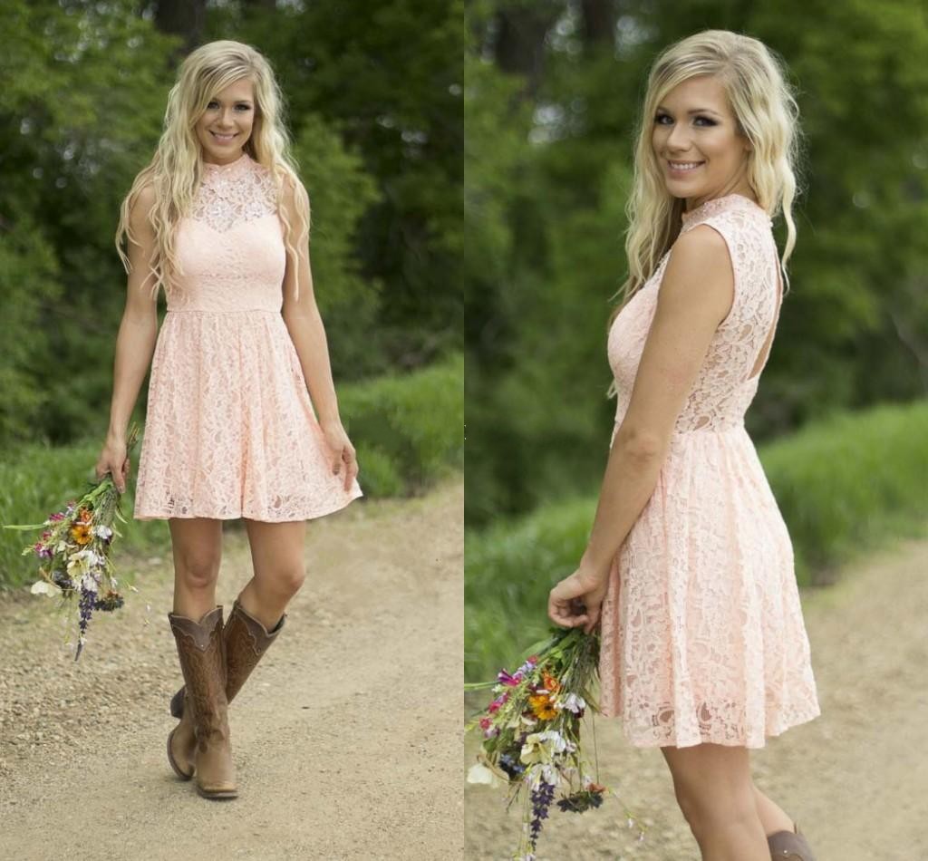 

2016 Cute Lace Short Bridesmaid Dresses High Neck Sleeveless Open Back White Silver Navy Pink Bridesmaid Gowns Backless Country Party Dress