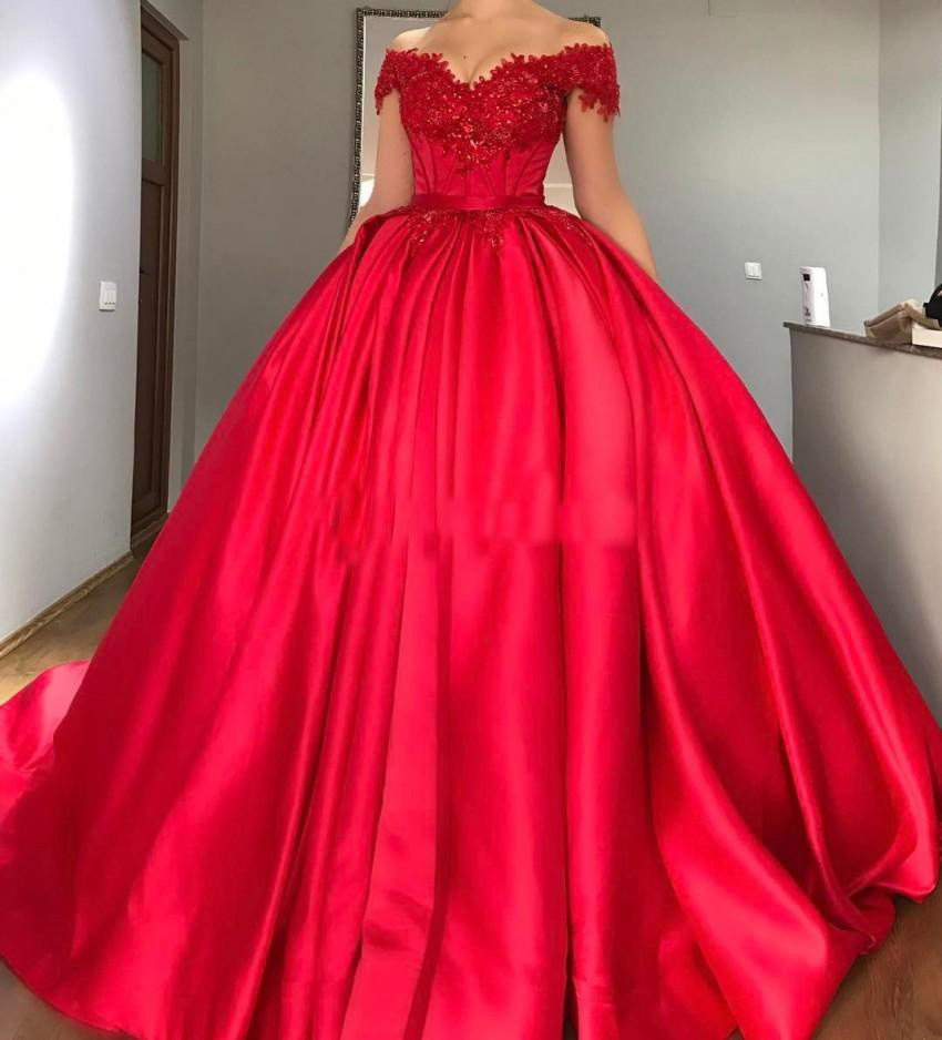 

Newest Red Satin Off Shoulder Puffy Evening Dresses Applique Lace Corset Bodice Sweep Train Bridal Quinceanera Prom Gowns, Royal blue