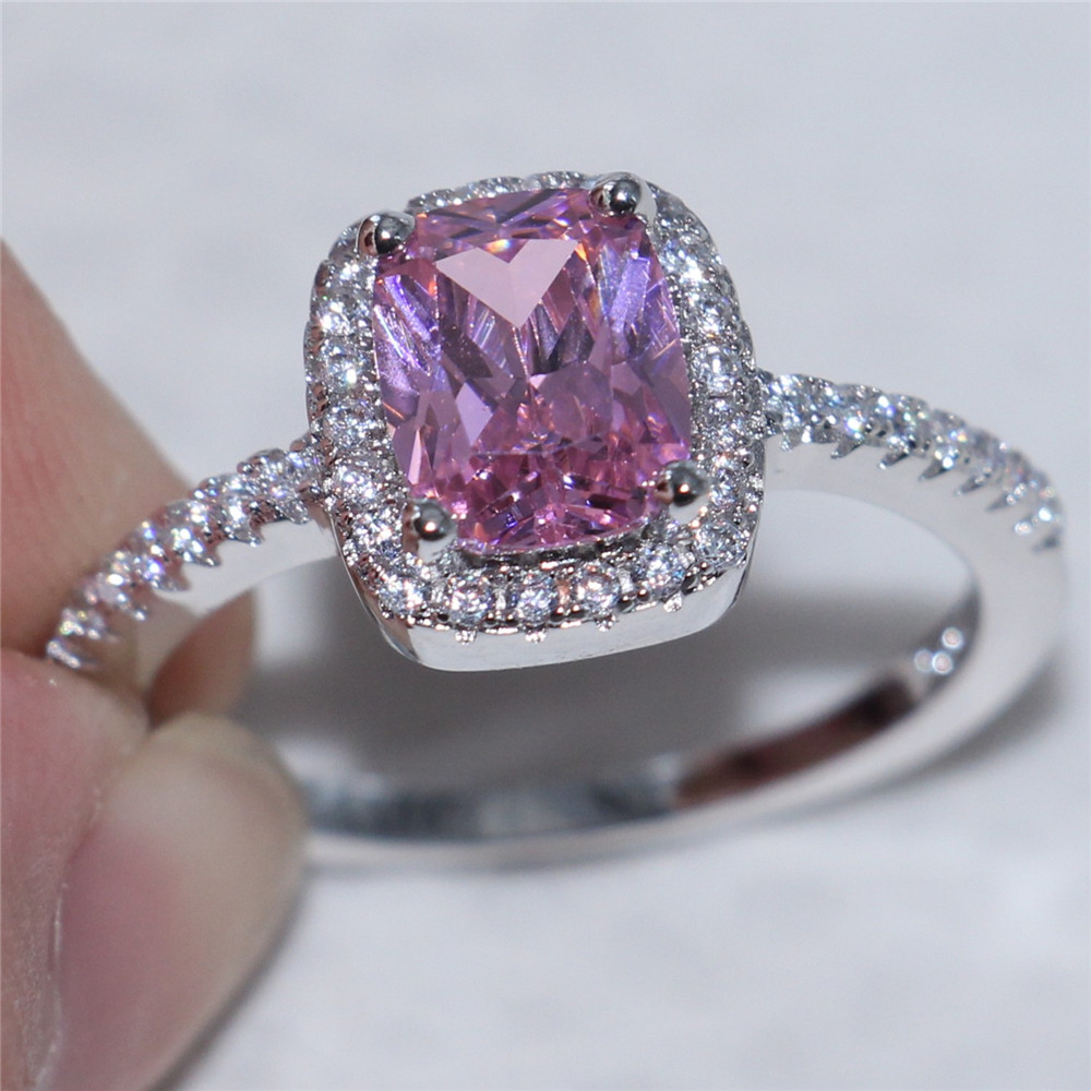 

Fashion 925 Sterling Silver set with Square Pink Simulated Diamond Zircon Ring Engagement Wedding Band Jewelry For Women