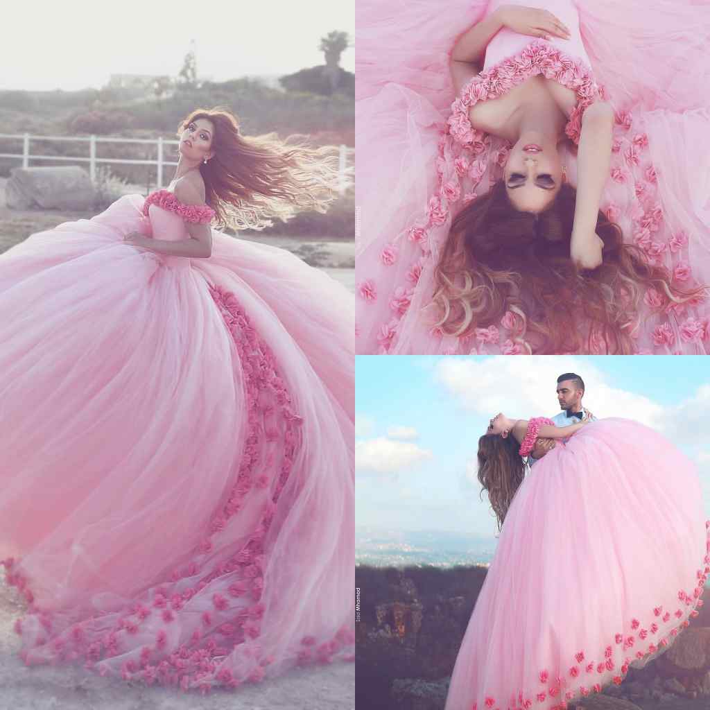 

2019 Saudi Ahamad Pink 3D Flora Appliques Quinceanera Dresses Poofy Ball Gown Princess Prom Dresses Custom Made, White