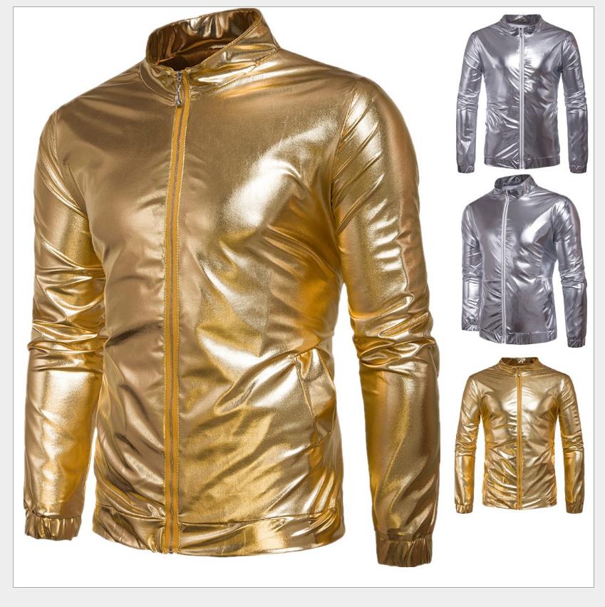 Golden Silver Color Jacket Men 2018 Flare Bright Zipper Long Sleeve Stand Collar Mens Nightclub PartyMans Jacket Coat Free Shipping