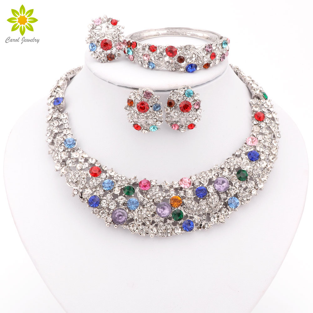 

Silver Plated Colorful Austrian Crystal Jewelry Sets Vintage Fashion Necklaces Earrings Sets For Women Wedding Accessories