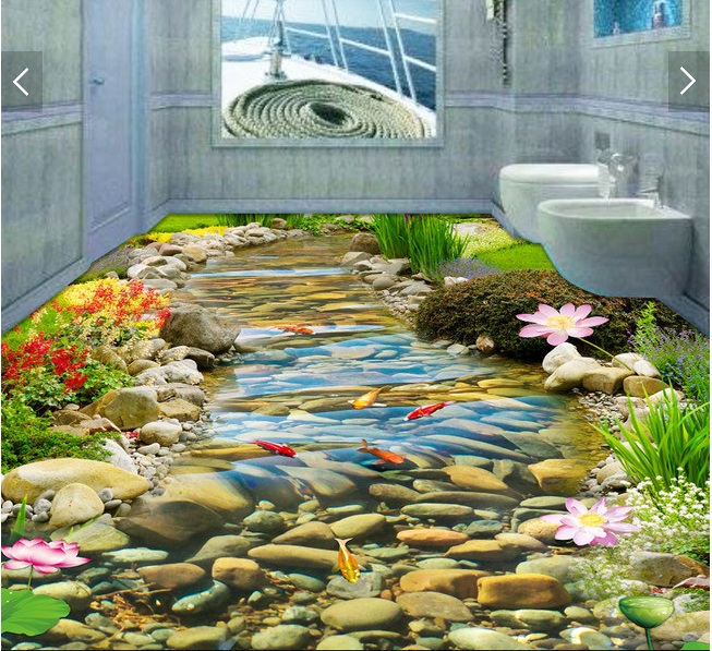 3d pvc flooring custom photo wallpaper wall sticker Hd streams goldfish lotus decoration painting picture 3d wall room murals wallpaper-image-388906454