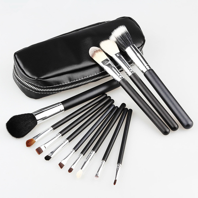 

High Quality 12 Pcs Makeup Brushes Set Goat Horse Hair Silver Tube Black Handle with Zipper Leather Bag Makeup Tools