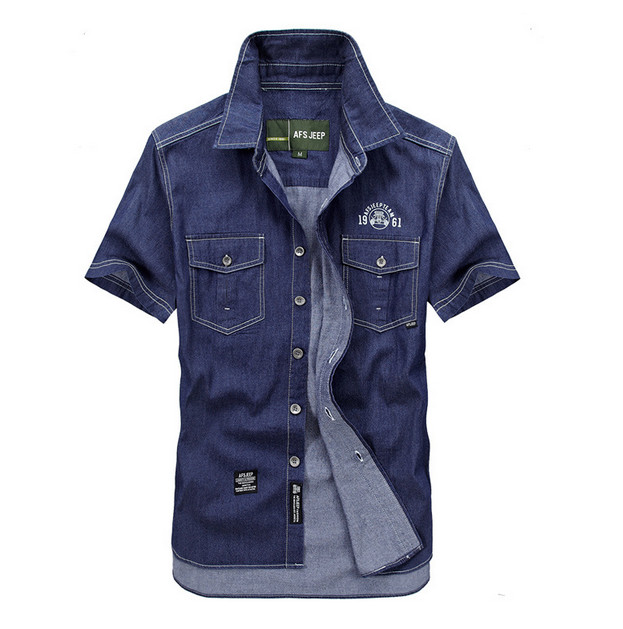 

Wholesale-Outdoor Brand plus Size fertilizer Summer Men 100% Cotton travelDenim hiking Dress Shirt Casual cowboy thin Short Sleeve Shirts, Dark blue