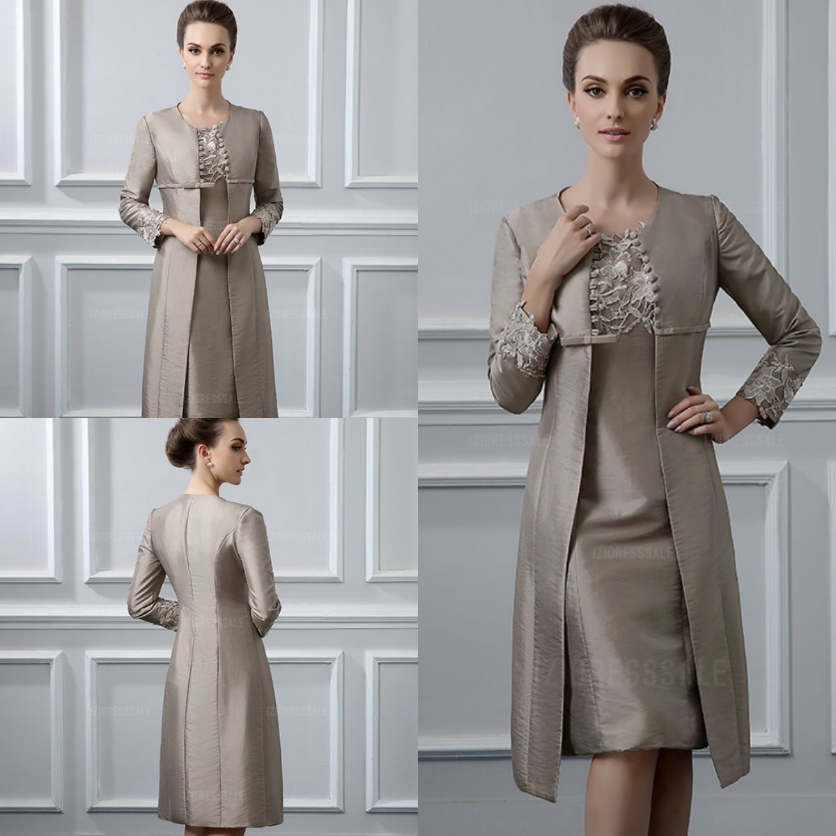 

Two Piece Mother of the Bride Dresses With Jacket Taffeta Lace Applique Bead Sheath Knee-Length Mother Of The Groom Dress Wedding Guest Gown