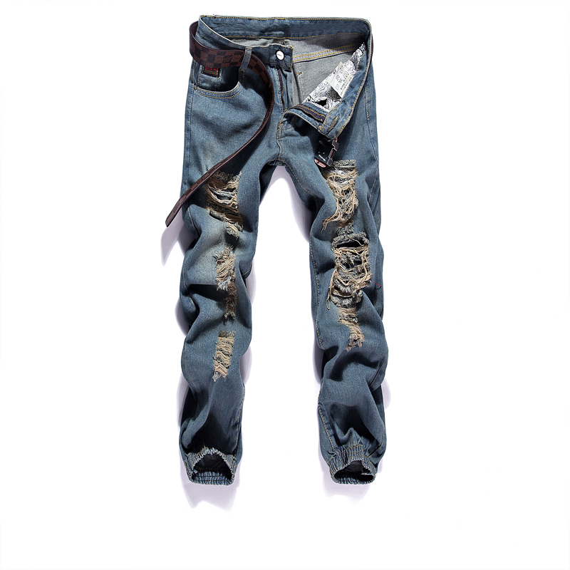 

Wholesale-2016 New Arrival Fashion Broken-Hole Skinny Jeans Men Small Straight Hip Hop Ripped Jeans For Men Pantalon Homme Plus Size -36, Retro blue