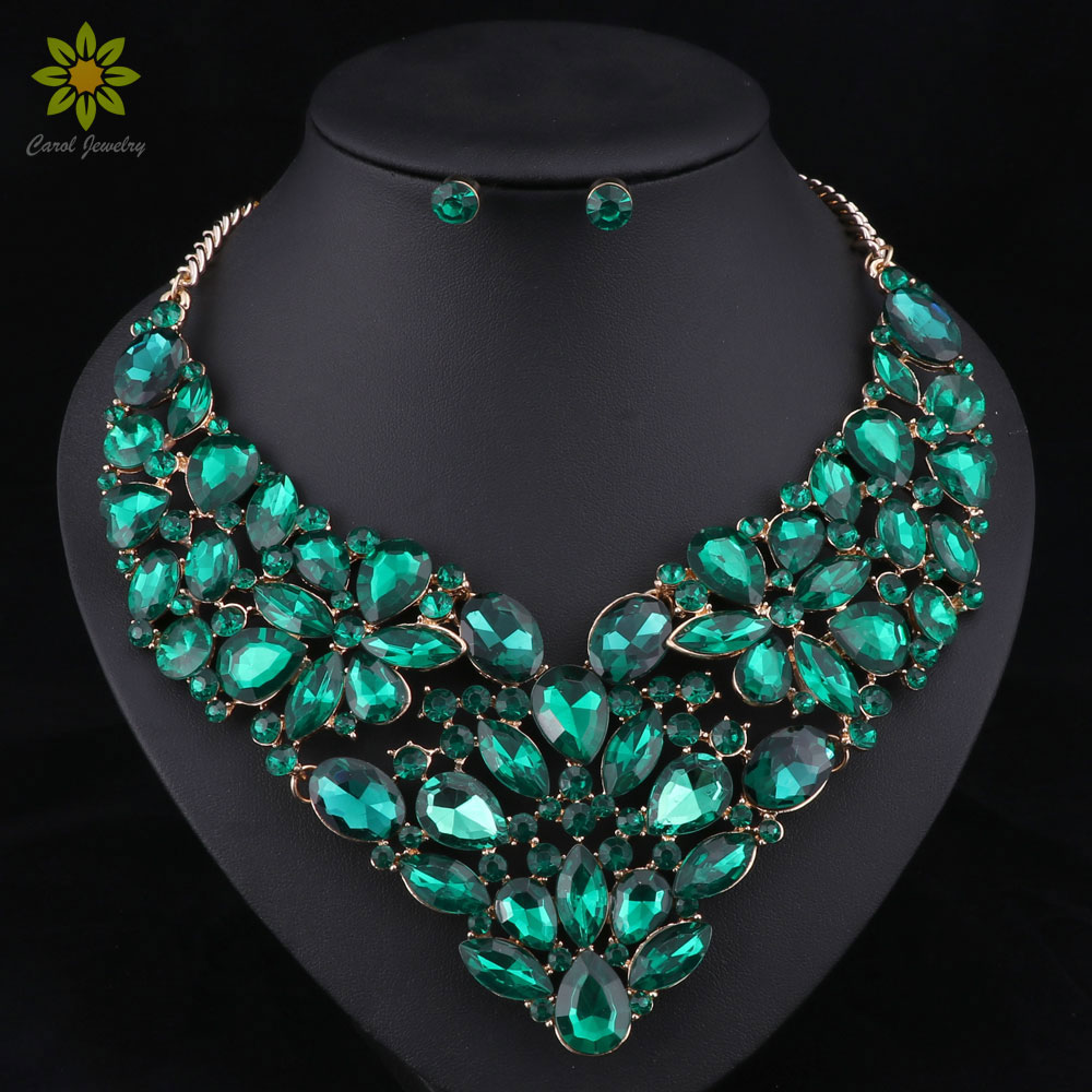 

5Colors Fashion Trendy Nigerian Wedding African Beads Jewelry Sets Crystal Necklace Set Party Wedding Dubai Jewelry Set, Golden
