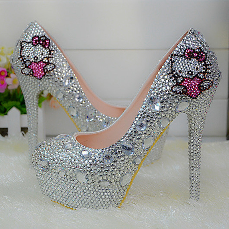 

New Fashion Sexy Women Silver Rhinestone Wedding Shoes Round Toe Gorgeous Prom Event Pumps Plus Size 44 Bridesmaid Shoes