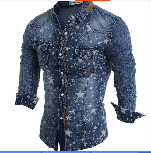 

Star print shirt casual young students casual shirts denim shirt teen student shirts denim shirt denim clothing tide models, Dark blue