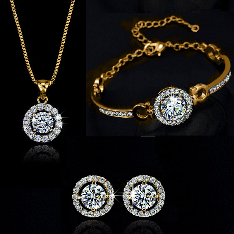 

New Fashion 18K Gold Plated Austrian Crystal Necklace Bracelet Earrings Jewelry Set Made With warovski elemtns Wedding Jewelry 3pcs/Set, Mixed colors