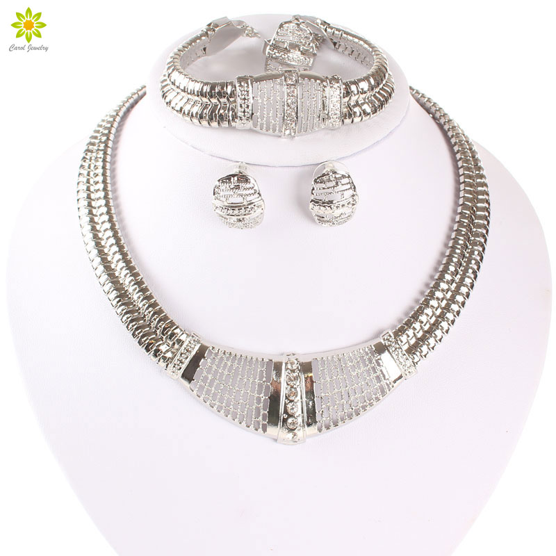 

New Design Women Silver Plated Dubai African Crystal Necklace Bracelet Earring Ring Wedding/Bride Jewelry Sets