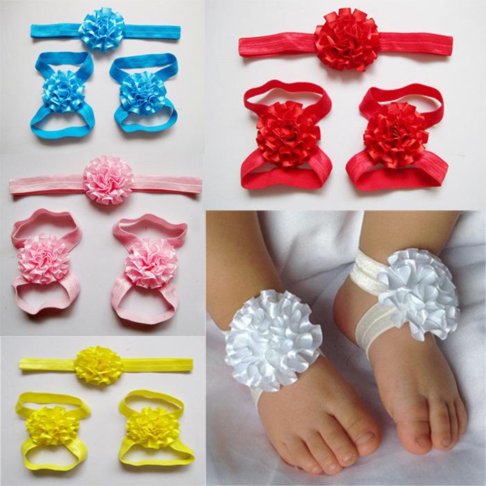 

Cute Baby Flower Barefoot Sandals and Headbands Sets Newborn Kids Solid Color Headband Decor Fashion Accessories, Mixed colors