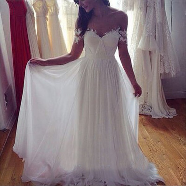 

Casual Beach Wedding Dresses Cheap High Quality Lace Appliques Off the Shoulder Ruched Chiffon Outdoor Bridal Gowns Custom Made, Ivory
