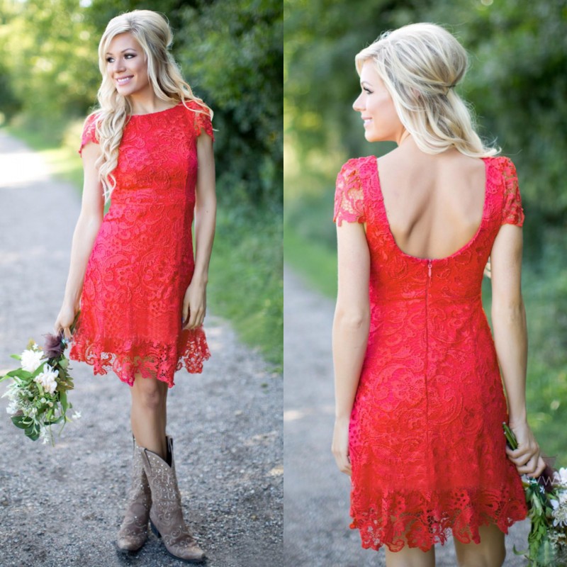 

2016 Popular Red Lace Western Country Bridesmaid Dresses Cheap Bateau Short Sleeve Backless Above Knee Length Maid Of Honor Gown EN7281