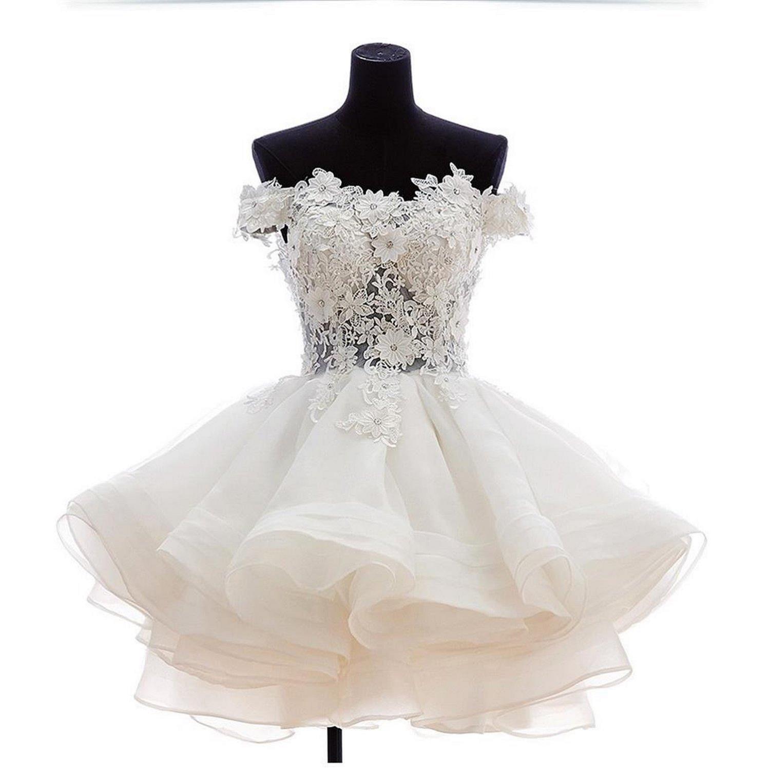 

Short Mini Prom Dresses 2018 White Lace Appliques Off Shoulder Organza Homecoming Dress With Hand Made Flowers Sexy Illusion Online Store, Dark green