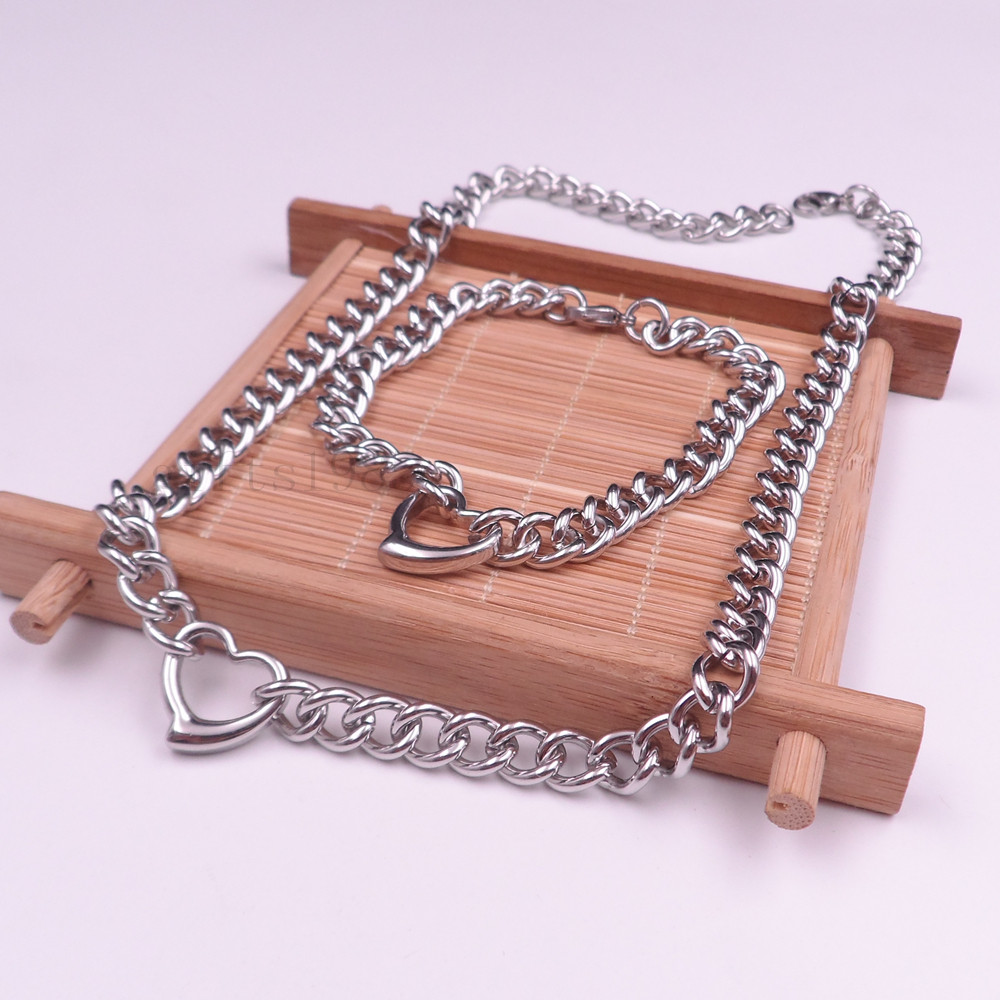 

New charm For Women's Silver Tone Stainless Steel Heart Necklace Bracelet Set