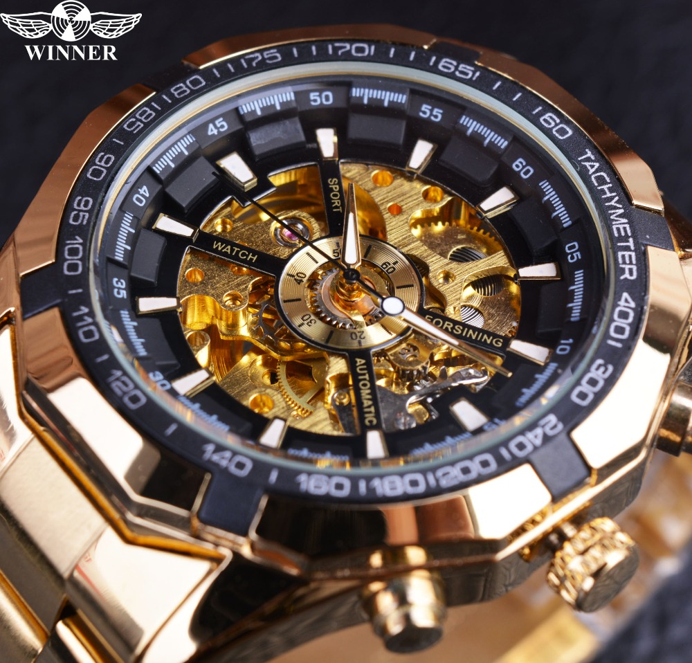 

WINNER Hot Selling Man Watch Relogio Skeleton Mechanical Watches Automatic Stainless Steel Wrist watch Men Dress Relojes Hombre, Black