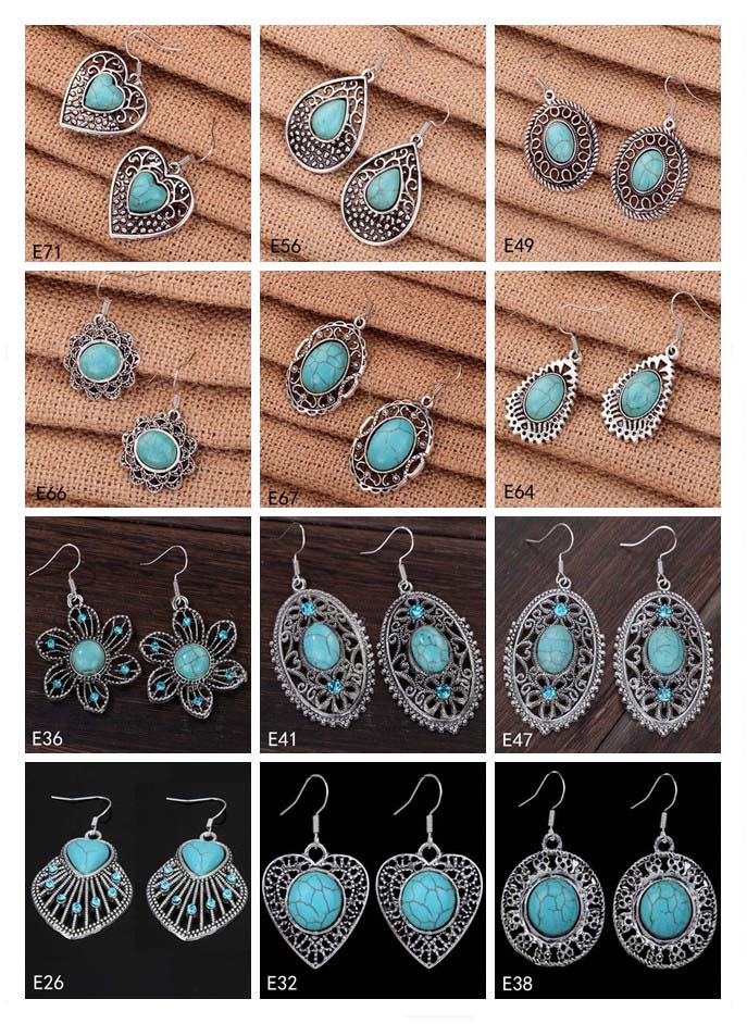 Boucles d'oreilles pendantes tibétaines en argent et turquoise pour femmes, lot de 12 pièces, style mixte, fleur creuse, perles européennes, DIY,