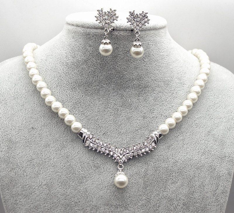 

White Gold Plated Cream Faux Glass Pearl and Rhinestone Crystal Wedding Necklace and Earrings Jewelry Sets, Silver