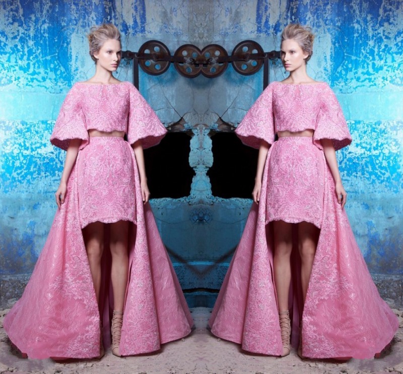 

High Quality Pink Two Pieces Prom Dresses 2017 Lace Trumpet Sleeve High Low Evening Gowns Saudi Arabic Formal Wear Runway Fashion Dresses, Lavender