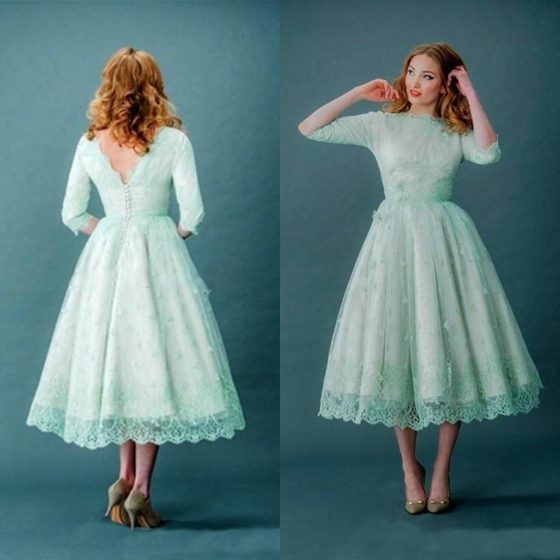 

Fashion Tea Length Wedding Dress Mint Colorful Short Bridal Gowns Bateau Neck Vintage Lace Garden Wedding Party Wear Custom Made, White