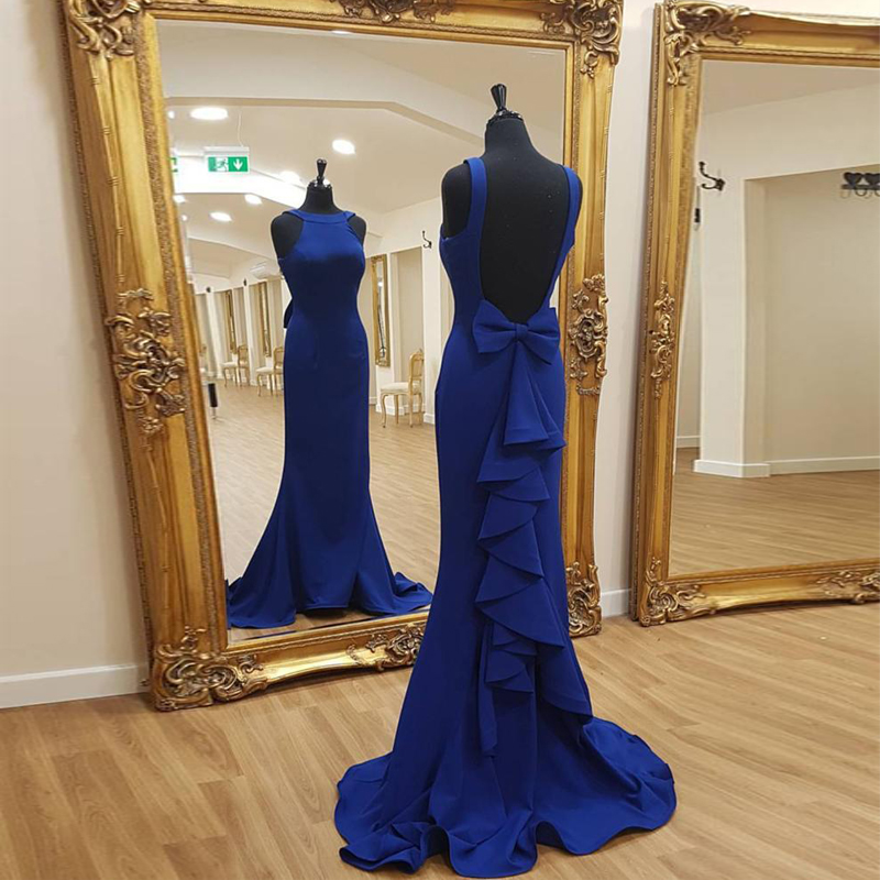

Gorgeous Royal Blue Mermaid Prom Dresses Jewel Neck Sleeveless Ruffles Satin Backless Long Formal Evening Dresses With Bow Sweep Train, Coral