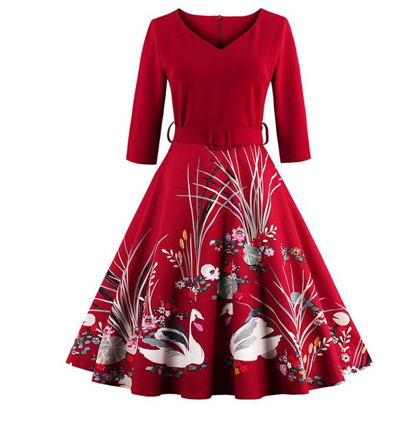 

Swan Dress Lady Casual Female Retro Vintage Patchwork Printing Pleated Swan Pattern 3/4 Sleeve V Neck Woman Expansion Dress Free Shipping, Black