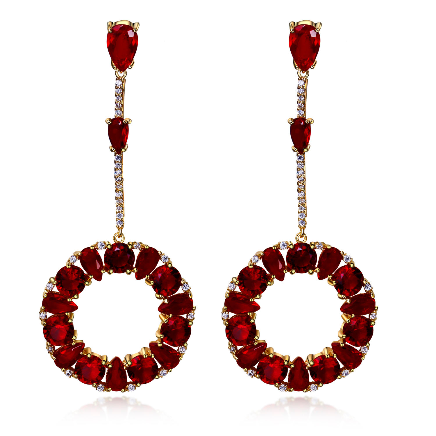 74 MM Long Earrings, 18K Gold plate Setting with 4 colors Cubic Zirconia, Round Pendant Earrings-image-381863022