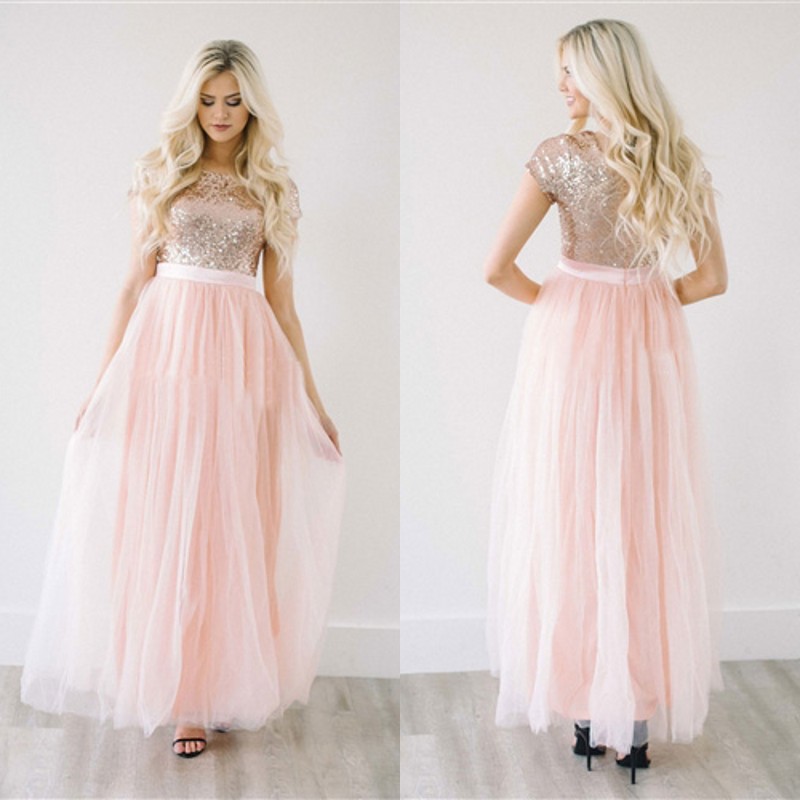 

Latest 2017 Light Peach Tulle Sequined Top Bridesmaid Dresses Long Cheap Short Sleeve Pleats Ankle Length Maid Of Honor Gowns Custom EN10114