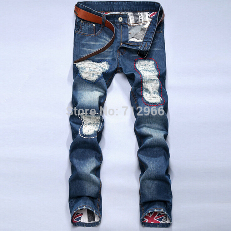 Wholesale High Quality Summer Mens Ripped Denim Jeans, Straight Printed Torn Hole Casual&Leisure Cal Jean Pants Homme