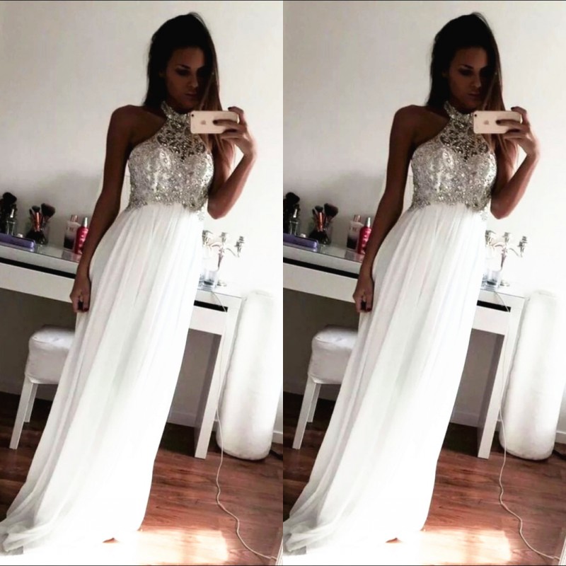 

Prom Dress Long Crystals Beaded Top Illusion Halter High Neck Sleeveless White Chiffon Custom Made Evening Party Wear Formal Gowns, Same as picture