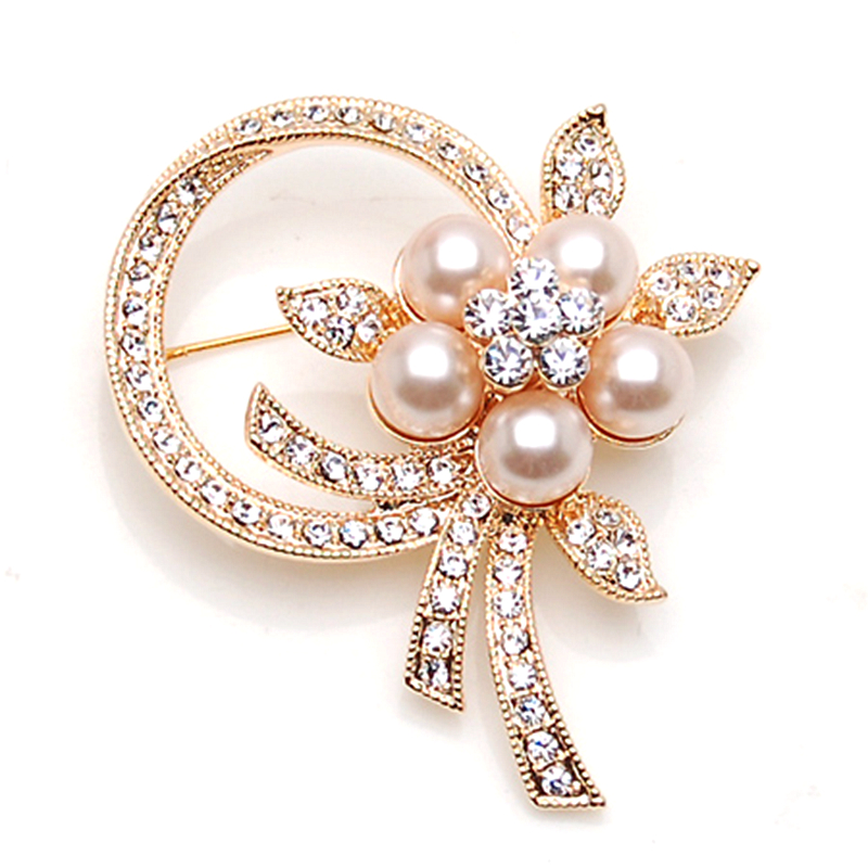 2 Inch Gold Plated Cream Pearl and Rhinestone Crystal Diamante Party Prom Brooch Pins Jewellery Accessory