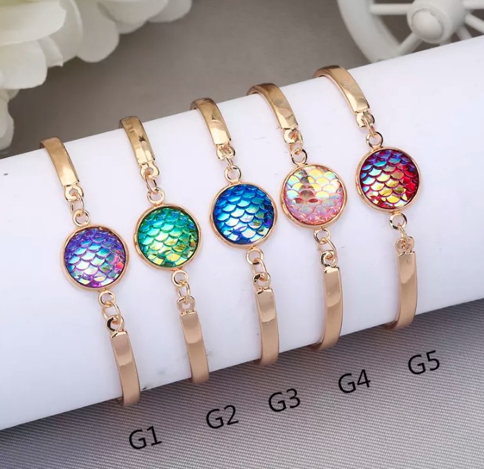 

2017 NEW Rhinestone Mermaid Charm Bracelets 5 Color Fish Scales Pattern Ladies Bangeles Women Gold Silver Plated Druzy Bracelets Charms