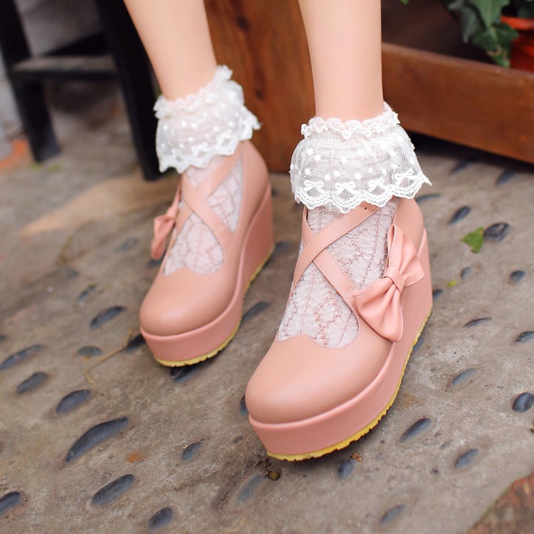 

Japanese new sweet girls BOW STRAP PLATFORM wedges round doll shoes shoes student shoes @001, Pink