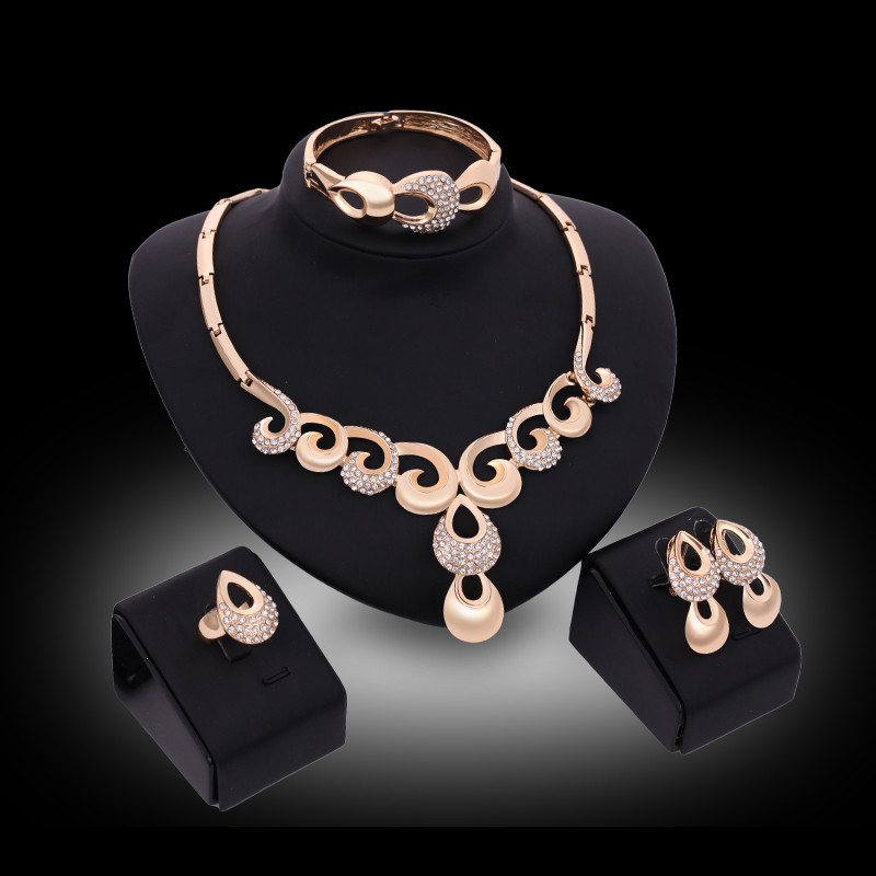 

Necklaces Earrings Bangles Rings Sets Fashion Women Quality Rhinestone 18K Gold Plated Alloy Water Drop Wedding 4-Piece Set Jewelry JS139