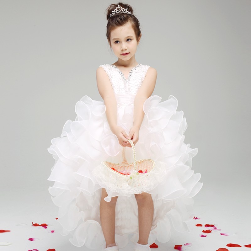 

White Pleated Girl Wedding Dress Princess Flower Girl Dresses Kid Party Birthday Dress With Long Train For Little Girls Glitz