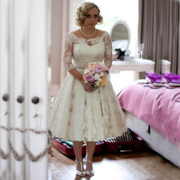 

Informal Plus Size Tea Length Wedding Dress Short Sheer Bateau Neck Illusion Sleeves Lace Appliqued Garden Bridal Gowns Custom Made, Ivory