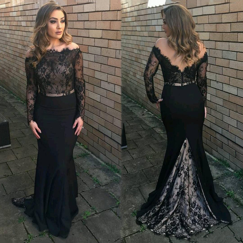 

Classical black lace long sleeve evening gowns bateau neck zipper back sweep train mermaid dresses evening wear, Silver