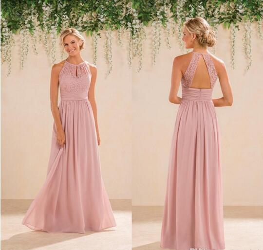 

New Jasmine Bridal Blush Pink Bridesmaid Dresses Country Style Halter Neck Lace Chiffon Full Length Formal Prom Party Gowns Custom Made