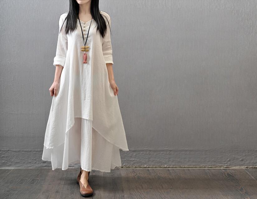 

Cotton linen Color Women Maxi Dress 2020 Spring Autumn New False Two-piece Long Sleeve Round Neck Loose Plus Size Irregular Dress, Black;gray